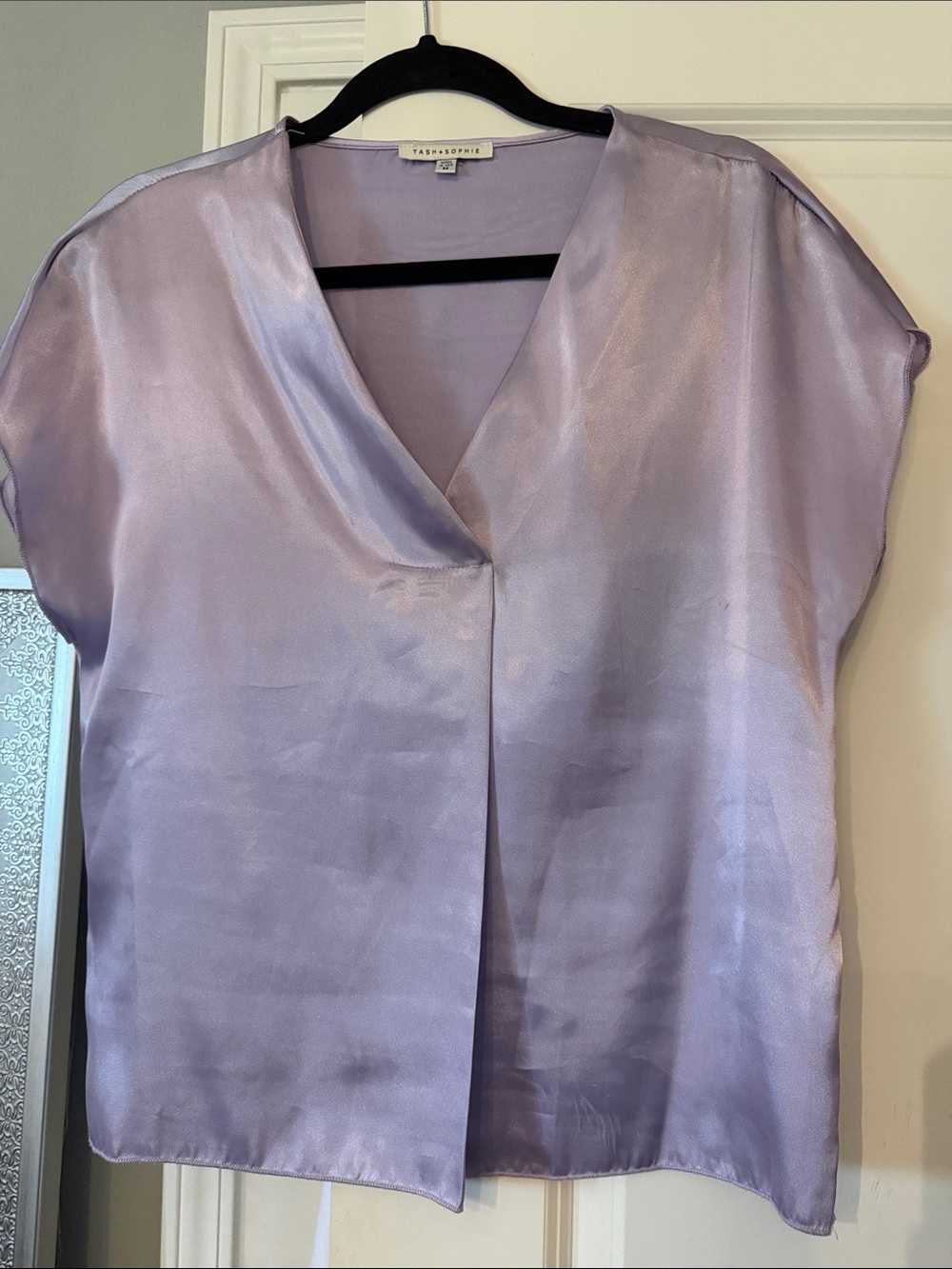 Tahari Soft Lavender Satin V-Neck Blouse